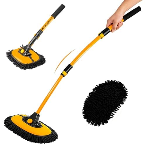 15° Arch Car Wash Brush with Long Handle 43" Telescopic Truck Camper Cleaning Mop RV Automotive Wheel Boat Windshield Exterior Interior 2 in 1 Microfiber Carwash Duster Not Hurt Paint Scratch Free