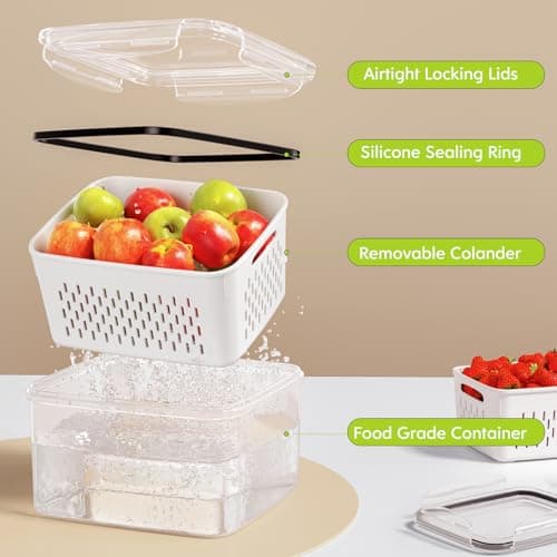 HOMETALL 5 Pack Fruit Storage Containers for Fridge, Plastic Fruit Containers for Fridge with Removable Colanders, Leakproof Fridge Organizers and Storage for Berry Vegetable Salad Lettuce Meat Food — view 5