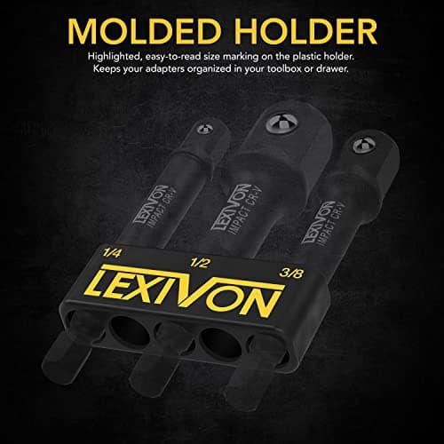 LEXIVON Impact Grade Socket Adapter Set, 3" Extension Bit with Holder | 3-Piece 1/4", 3/8", and 1/2" Drive, Adapt Your Power Drill to High Torque Impact Wrench (LX-101) — view 3