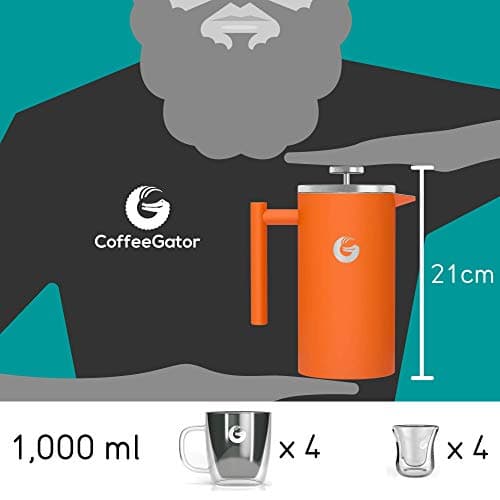 Coffee Gator French Press Coffee Maker 34oz, Double Insulated Stainless Steel Brewer plus Travel Jar Canister, Portable Hot Cold Brew Tea for Coffee Bar Accessories Kitchen Camping, Orange