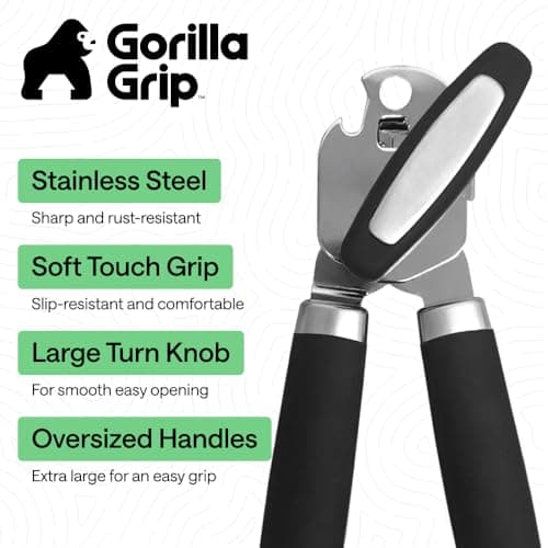 GORILLA GRIP Heavy Duty Stainless Steel Smooth Edge Manual Can Opener and Bottle Openers, US Designed, Comfortable Handle, Oversized Handheld Turn Knob, Multifunctional Kitchen Tool, Black