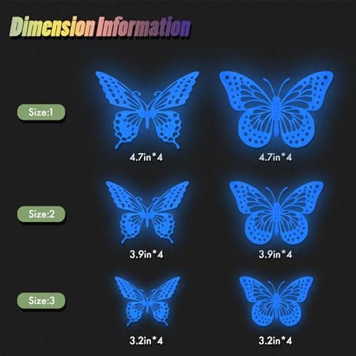 SAOROPEB Glow in The Dark 3D Butterfly 24 Pcs 3 Sizes, Luminous Butterfly Stickers for Ceiling or Wall, Glow in The Dark Party Supplies, Removable Luminous Stickers for Kids Babys Nursery (Blue) — view 6