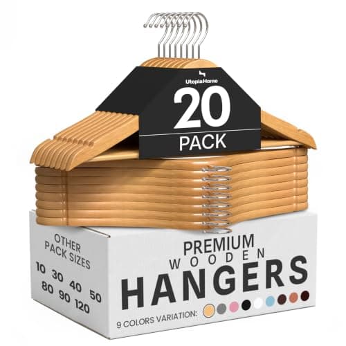 Utopia Home Premium Wooden Hangers 20 Pack - Heavy Duty & Durable Coat Hanger - Wood Hanger with 360-Degree Rotatable Hook - Clothes Hangers with Non-Slip Shoulder Notches For Shirts & Coats (Natural)