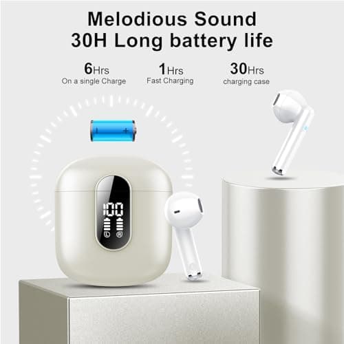Wireless Earbuds, Bluetooth 5.3 Headphones HiFi Stereo, Mini in-Ear Bluetooth Earbuds, Wireless Earphones with 4 ENC Noise Cancelling Mic, IP7 Waterproof, LED Display, Touch Control Ear Buds, White — view 4