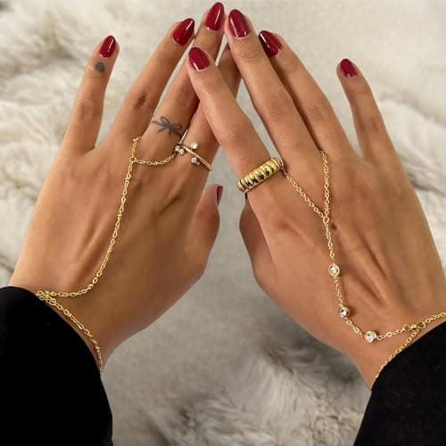 3PCS 14K Gold-Plated Hand Chain Bracelets for Women, Stack Bracelets Set Adjustable, Dainty Ring Bracelet Hand Chain — view 6