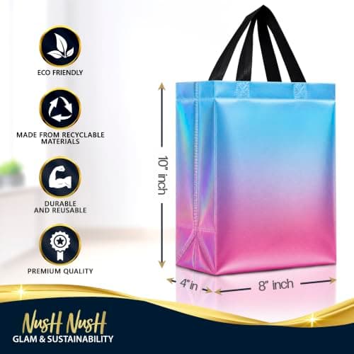 Nush Nush Rise Gradient Gift Bags – Set of 12 Mix Color Ombre Reusable Gift Bags With Holographic Finish - Colorful Party Favor Bags With Handles, Goodie Bags - 8x4x10 Medium Size — view 5