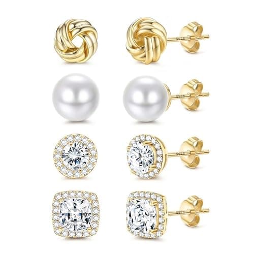 FIBO STEEL Hypoallergenic Stud Earrings for Women - 4Pairs Sterling Silver Earrings 14K Gold Plated Big Simulated Pearl Love Knot Brilliant Cubic Zirconia CZ Halo Stud Earrings for Sensitive Ears