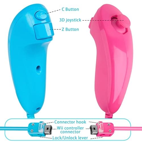 SWeien Nunchuck Controller, 2 Pack Nunchuck Controller Replacement for wii Nunchuck Controller Joystick Gamepad, Compatible with Nintendo Wii & Wii U Console（Pink & Blue）
