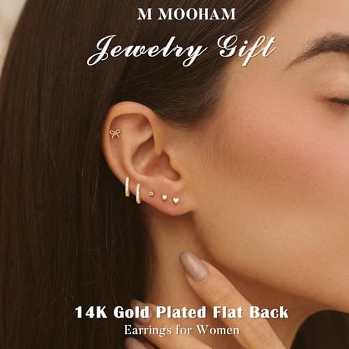 M MOOHAM Hypoallergenic Flat Back Earring Stack for Women Teen Girls, 14K Gold Plated Small Huggie Hoop Earrings Trendy Dainty Gold Cartilage Stud Earring Stacks Set Jewelry Gifts for Women Girls