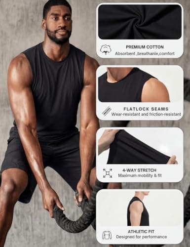 TACVASEN Tank Tops Men Sleeveless Muscle Shirts Cotton Breathable Workout Gilets Casual Beach Summer Tops Gym Bodybuilding Black — view 4
