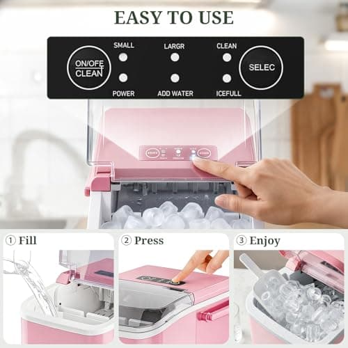 Ice Maker, Portable Ice Makers Countertop with Handle, Basket & Scoop, 26Lbs/24Hrs, 9 Bullet Ice Cubes in 6 Mins, 2 Ice Sizes, Self-Cleaning, Quiet Compact Ice Machine for Home Kitchen Party, Pink — view 5