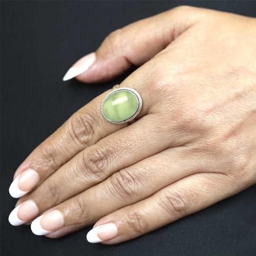 JEWELOPORIUM Green Prehnite Silver Ring Size 11, 925 Sterling Silver Ring for Women, Genuine Chunky Oval Stone Boho Jewelry — view 2