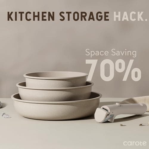 CAROTE 19pcs Pots and Pans Set Non Stick, Nonstick Cookware Set Detachable Handle, Induction Kitchen Cooking Sets with Removable Handle, RV Kitchen, Oven Safe, Taupe — view 3