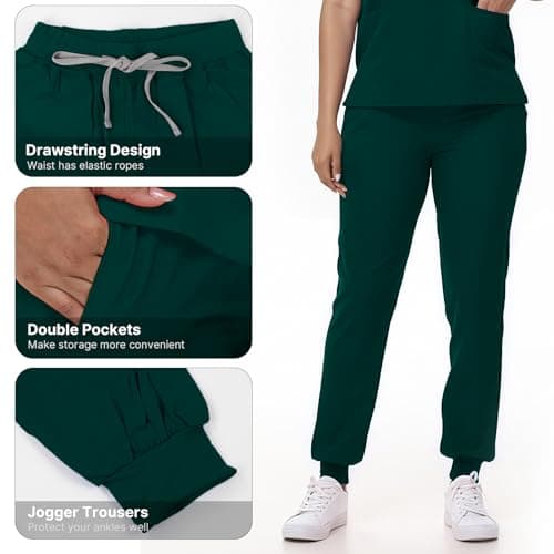 Scrubs Set for Women Nurse Uniform V-Neck Top and Drawstring Jogger Pants with Multi Pocket Nurse Workwear (Dark Green, Medium) — view 4