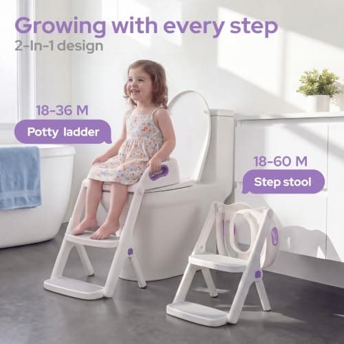 lalalark Potty Training Seat, 2-in-1 Toddler Toilet Seat with Steps, Upgrade Potty Step Stool for Toddler with Anti-slip Pad Step Stool, Extended Splash Guard, Foldable Potty Ladder Boys Girls, Purple
