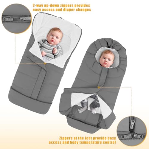 Yoofoss Stroller Cover for Winter, Toddler Stroller Footmuff Universal for Most Stroller, Water Resistant Warm Coral Baby Stroller Bunting Sleeping Bag Light Grey — view 3
