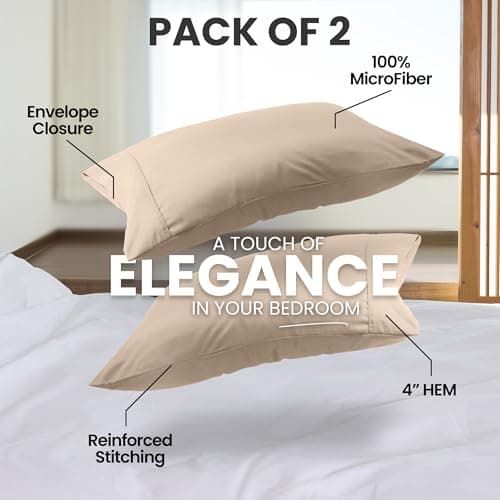 Utopia Bedding Standard Pillow Cases - 2 Pack - Envelope Closure - Soft Brushed Microfiber Fabric - Shrinkage and Fade Resistant Pillow Covers Standard Size 20 X 26 Inches (Standard, Beige) — view 4