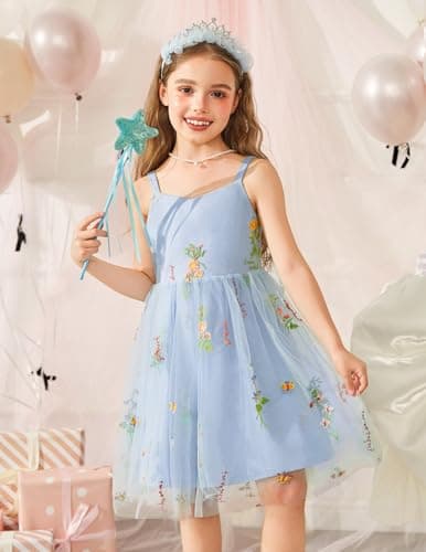 Arshiner Toddler Girls Tulle Dress Bowknot Tutu Birthday Princess Embroidery Blue Floral Dresses Formal Photoshoot Outfit Summer Clothes 5-6Years — view 3