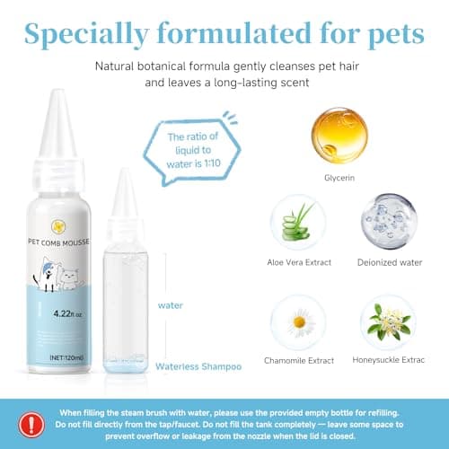 Pet Steam Brush for Dog & Cat - 3-in-1 Steam Grooming Brush for Shedding & Hair Removal - Self Cleaning Spray Comb with Mist for Long Haired Pets - Includes 1*Waterless Shampoo, Blue. — view 2
