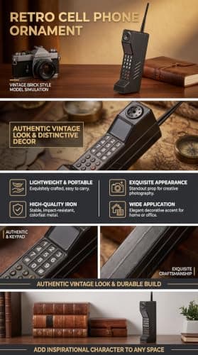 Haofy Brick Cell Phone Ornament, Vintage Cellphone, Retro Old Fashioned Cell Phone Model, Iron Vivid Brick Mobile Phone Model Photography Props for Home Living Room Decor Desktop Decoration(Black) — view 2