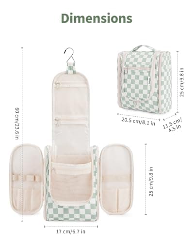 Narwey Small Hanging Toiletry Bag Women Travel Toiletries Makeup Bag Cosmetic Make up Bags for Travel Size Essentials Accessories (Medium,Mint Green Checkerboard) — view 4