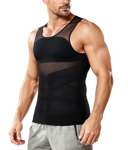 Nebility Mens Compression Shirt - Slimming Undershirts Body Shaper Vest Mesh Shapewear Tummy Control Tank Tops Black