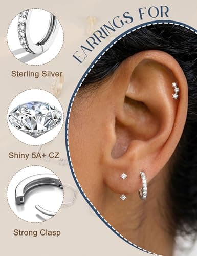 FIASASO 3 Pairs 925 Sterling Silver Hypoallergenic Earrings for Women Trendy - 14K Gold Plated Stud Hoop Cartilage Earrings Set Small Earring Stacks for Sensitive Ears Non Tarnish Dainty Silver Earring — view 7