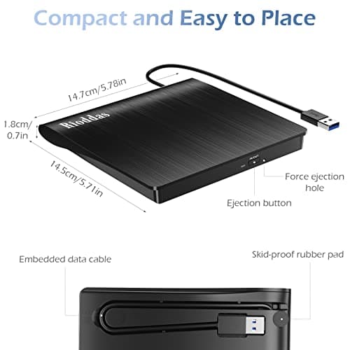Rioddas External CD/DVD Drive for Laptop, USB 3.0 CD DVD Player Portable +/-RW Burner CD ROM Reader Writer Disk Duplicator Compatible with Laptop Desktop PC Windows Apple Mac Pro MacBook Linux — view 5