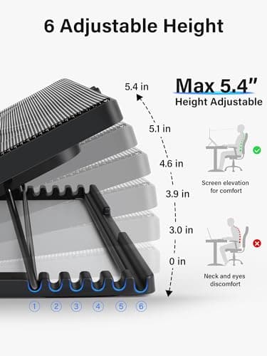 Kootek Laptop Cooling Pad, Laptop Cooler with 5 Quiet Fans for 12"-17" Computer PC Notebook Gaming Laptop Fan, Height Adjustable Laptop Cooling Stand Laptop Accessories, Blue — view 2