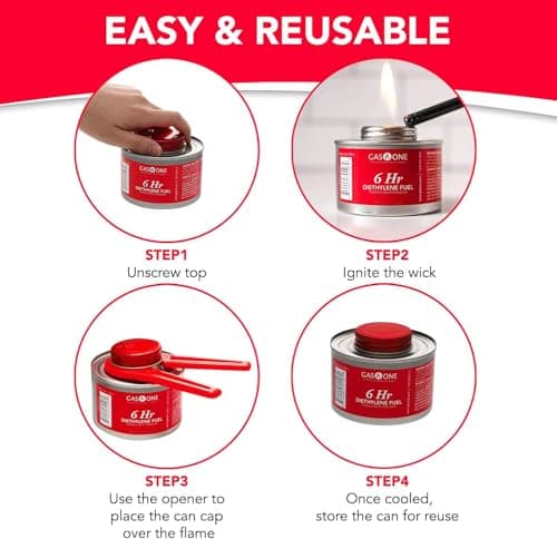 Gas One 12 Pack 6 Hour Chafing Fuel - Food Warmer for Chafing Dish Buffet Set - Reusable Liquid Safe Fuel With Wick & Lid Opener — view 2
