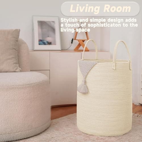 JMvicyroam Large Woven Laundry Basket Hamper,60L Cotton Rope Storage Bin for Blankets,Toys and Clothes,Decorative Tall Nursery Hamper for Living Room,Baby Nursery,Bathroom and Bedroom,Beige — view 2