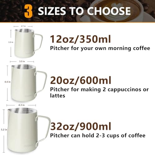 HOOMIL Milk Frothing Pitcher, 12oz/20oz/32oz Stainless Steel Steaming Pitcher Barista Milk Frother Cup Jug for Espresso Machine Coffee Cappuccino Latte Art - 12oz, Matte White