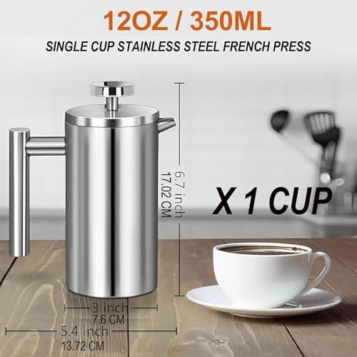 Small French Press Coffee Maker 1 Cup - 12oz/350ml Single Cup Metal French Press(1 Cup), Stainless Steel Double Wall Insulated Coffee & Tea Maker w/ 3 Extra Screens + 1 Spoon (Silver), Dishwasher Safe — view 2