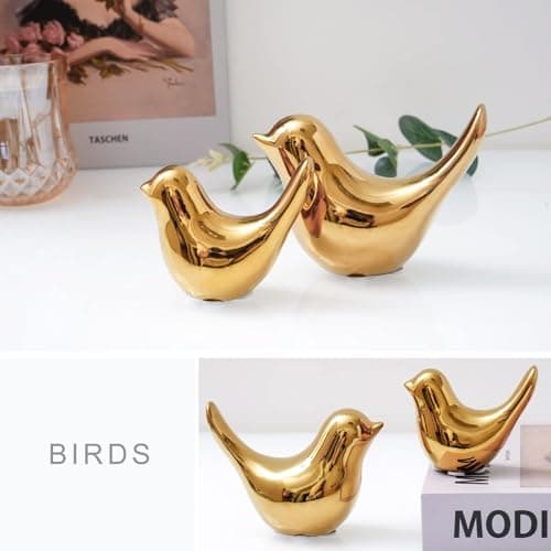 2Pcs Gold Ceramic Bird Figurines, Shiny Metallic Decorative Bird Sculptures for Home, Shelf, Desk, Table, Holiday and Party Decor, Premium Gift for Living Room Bedroom Office — view 5