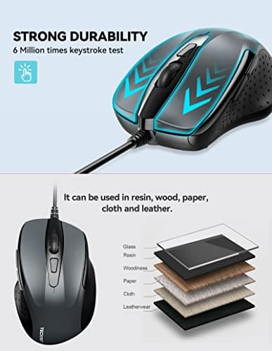TECKNET USB Wired Mouse, 6-Button Corded Computer Mouse with 4 Adjustable DPI, Optical Computer Mice with Ergonomic Design and 5FT Cord for Laptop, Chromebook, PC, Desktop, Mac, Notebook-Gray — view 6
