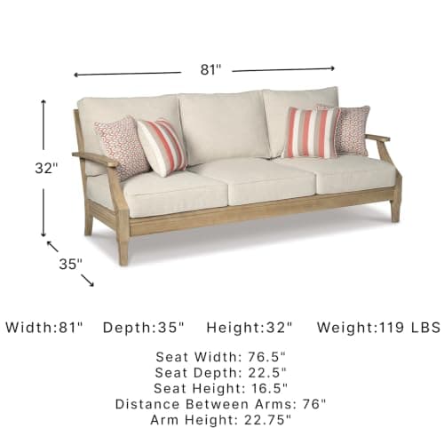 Signature Design by Ashley Clare View Outdoor Patio Sofa, 4 Throw Pillows, Nuvella Weather Resistant Fabric, Eucalyptus Wood, 81" W x 35" D x 32" H, Beige — view 2