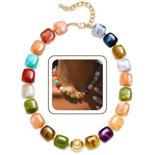INNERDIVA Chunky Beaded Necklace for Women Colorful Big Large Resin Bead Statement Bubble Choker Necklace Trendy Summer Beach Beachy Womens Necklace Rainbow Gemstone Charm Jewelry Accessories Stuff