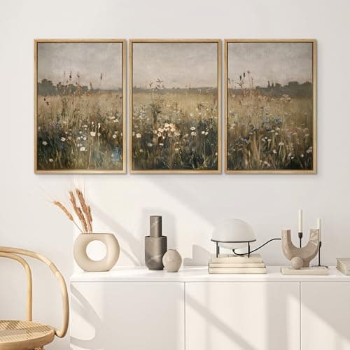 SIGNWIN Framed Canvas Print Wall Art Set Wildflower Meadow Rustic Floral Field Landscape Illustrations Modern Art Decorative Rustic Calm/Zen for Living Room, Bedroom, Office - 24"x36"x3 Natural — view 2