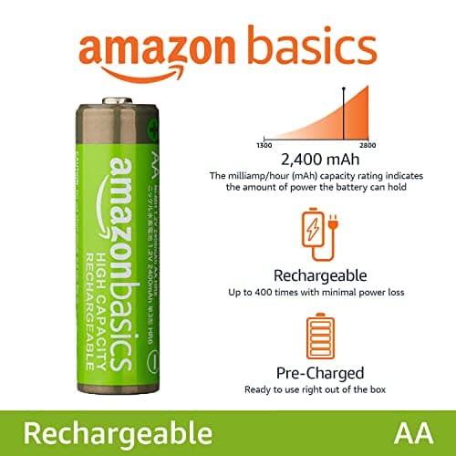 Amazon Basics 12-Pack AA Rechargeable Batteries, High-Capacity 2,400 mAh Battery, Pre-Charged, Recharge up to 400x