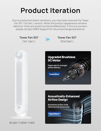DREO Tower Fan for Bedroom, 2026 Upgraded DC Motor, 28ft/s High Velocity, 20dB Ultra Quiet Standing Fan, 8 Speeds 4 Modes, 90° Oscillating Bladeless Fan for Indoors, Floor Fans with Remote, White — view 8