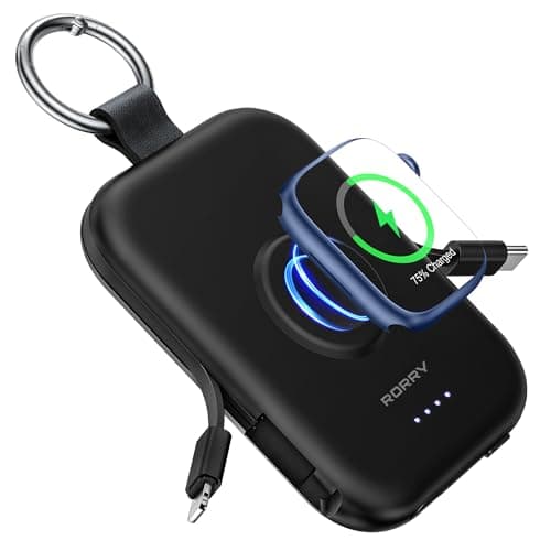RORRY CharmGo Portable Charger, 5000mAh Portable Charger Power Bank with Built-in Cables, Travel Keychain Battery Pack for Apple Watch and iPhone Air/17/16/15/14/13/12, Black