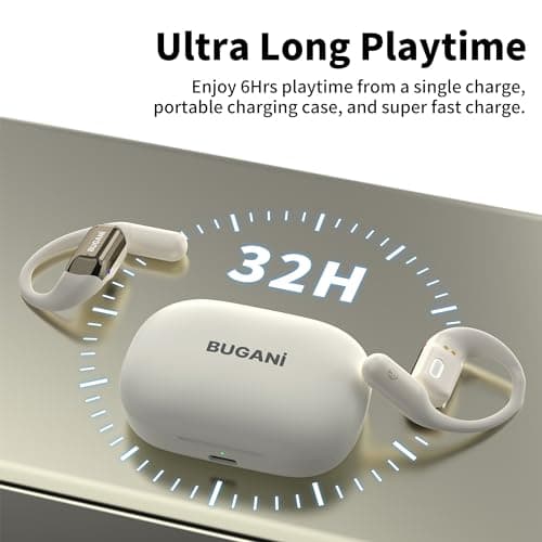 BUGANI Open Ear Headphones, Bluetooth 5.2 Open Ear Earbuds with Microphone, ENC Clear Talk, Immersive Stereo Sound, Fast Charging, 32H Playtime, Waterproof, White — view 3