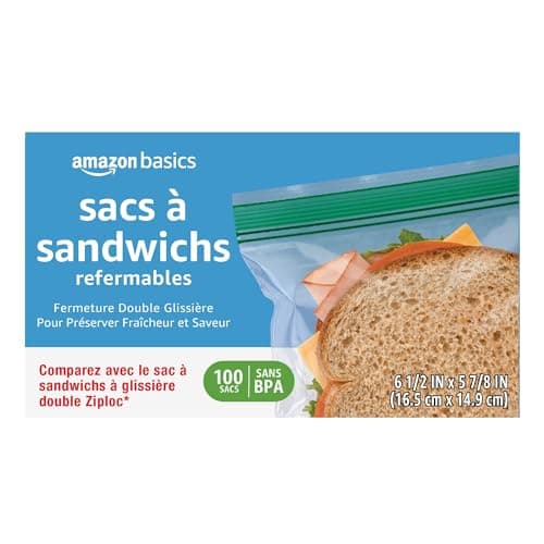 Amazon Basics Reclosable Double Zipper Sandwich Storage Bags for Food Storage, BPA Free, 100 Count — view 3