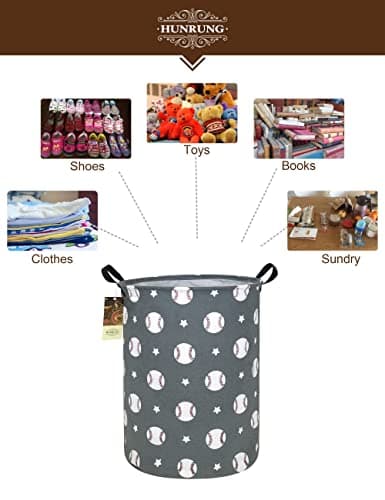 HUNRUNG Round Fabric Collapsible Storage Basket with Handles, Grey Baseball — view 2