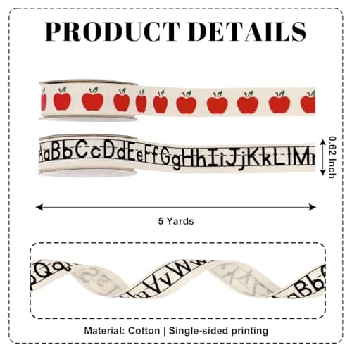 Kutyndrix School Ribbon for Crafts 2 Pack, 5/8 Inch x 5 Yards Cotton Apple Alphabet Back to School Ribbon for Hair Bows Gift Wrapping Teacher Gifts
