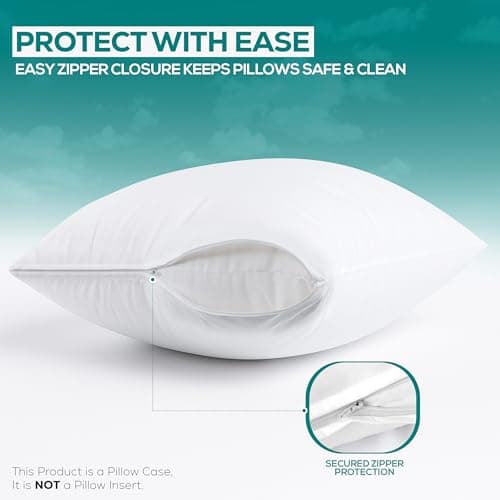 Set of 2 Pillow Protectors with Zipper Standard Size, Bed Bug and Dust Mite Proof Pillow Covers, Ultra Soft Pillow Encasements, Moisture Wicking and Waterproof Pillow Cases by Utopia Bedding (White) — view 3