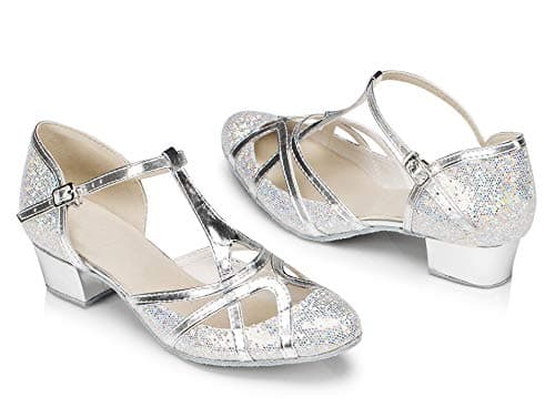 Minishion Women's T-strap Dance Heels Glitter Salsa Ballroom Shoes Wedding Party Pumps, Silver-3.5cm Heel, 10 — view 5