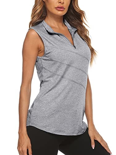 Koscacy Tennis Tops for Women,Golf Zipper Shirts Dri Fit Yoga Ladies Sleeveless Tunic Tops for Leggings Tennis Polo Gym V-Neck Going Out Beach Vacation Tank Top Grey Large