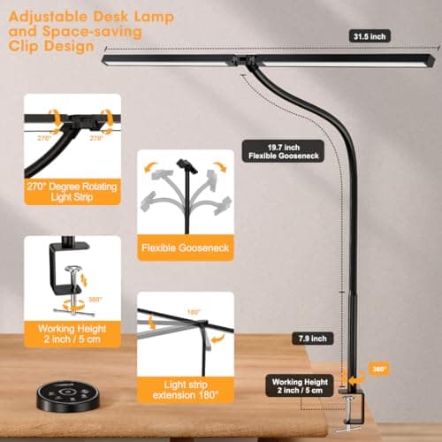Led Desk Lamp for Office Home - Eye Caring Architect lamp with Clamp,Dual Screen Computer Monitor Work Smart Light: 24W 5 Color Flexible Adjustable Lighting Table Lamp for Study Drafting — view 4