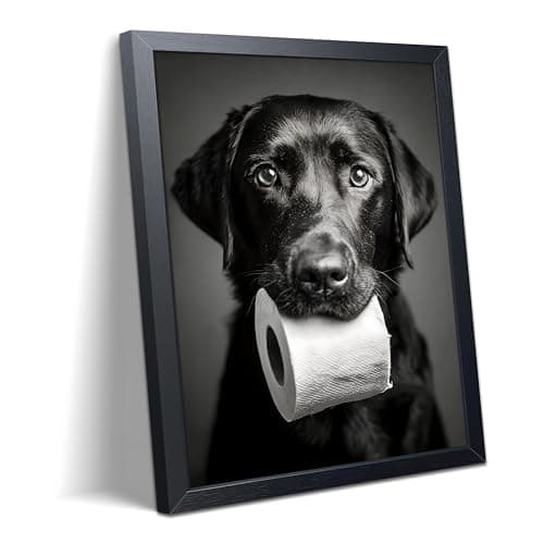Black and White Bathroom Wall Art, Funny Labrador Dog Canvas Prints Poster, Cute Dog Chewing Toilet Paper Wall Decor, Modern Farmhouse Restroom Bathroom Home 8x10 Inch Framed